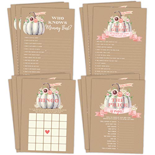 Product Cover Fall Pumpkin Baby Shower Games, Neutral Yellow Bingo, Find The Guest, The Price Is Right, Who Knows Mommy Best, 25 games each