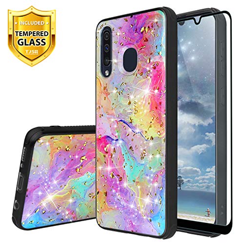 Product Cover TJS Phone Case for Samsung Galaxy A20/Galaxy A30/Galaxy A50, with [Full Coverage Tempered Glass Screen Protector] Shiny Marble Glitter Back Skin Full Body Protective Soft TPU Rubber Bumper (Rainbow)