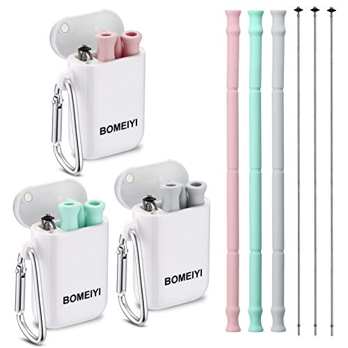 Product Cover BOMEIYI 3 pack Collapsible Reusable Straws, Food-Grade Foldable Silicone Drinking Straw with Portable Case and Cleaning Brush, for Cold Beverage, Coffee and Smoothie. (Green, Pink, Grey)