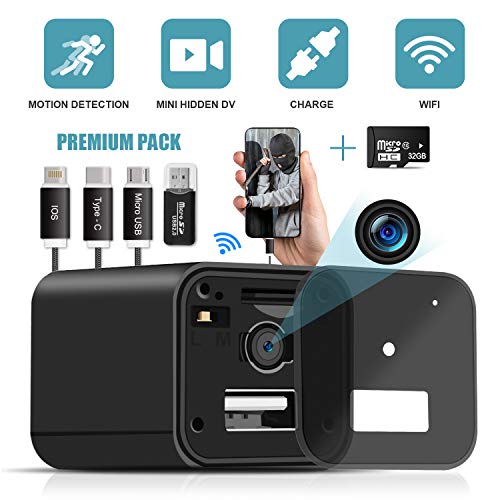Product Cover Hidden Camera Charger WiFi,USB Spy Camera Charger,Spy Camera Wireless Hidden 1080P HD Live Streaming with App, Nanny Cam Motion Activated,with 32GB MicroSD Card Class 10