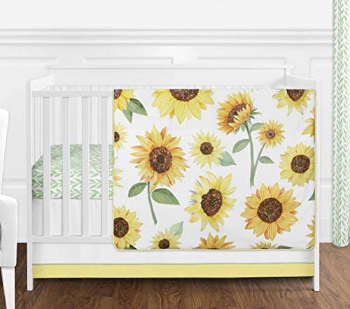 Product Cover Sweet Jojo Designs Yellow, Green and White Sunflower Boho Floral Baby Girl Nursery Crib Bedding Set Without Bumper - 4 Pieces - Farmhouse Watercolor Flower