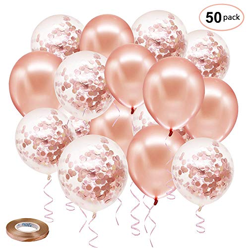 Product Cover Rose Gold Confetti Latex Balloons, 50 pack 12 inch Birthday Balloons with 65 Feet Rose Gold Ribbon for Party Wedding Bridal Shower Decorations