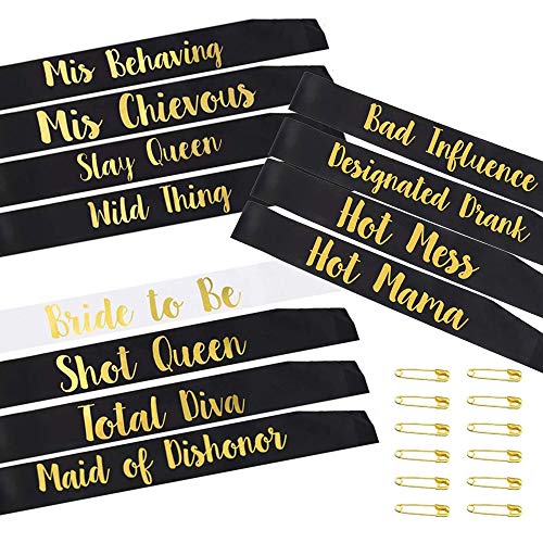 Product Cover Bachelorette Party Sashes, Cooliya Bride to Be Sash and Bride Tribe Sashes, Unique Bride Bridesmaid Sashes with 12 Safety Gold Pins for Bachelorette Party (Black, 12 Pack)