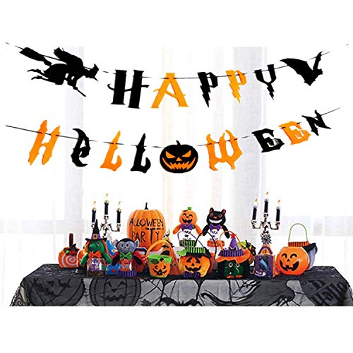 Product Cover Happy Halloween Banners, Pumpkin Witch Bat Bunting Indoor Outdoor Bedroom, Fireplace, Garden Halloween Party Decorations (Black and Orange Halloween Banners)