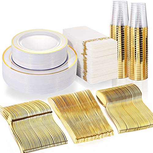 Product Cover WDF 50 Guest Gold Plastic Plates with Disposable Cutlery& Gold Plastic Cups-Party Plates and Napkins sets for Wedding&Parties