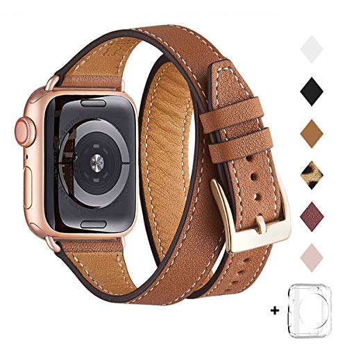 Product Cover Bestig Band Compatible for Apple Watch 38mm 40mm 42mm 44mm, Genuine Leather Double Tour Designed Slim Replacement iwatch Strap for iWatch Series 5/4/3/2/1 (Brown Band+Rose Gold Adapter, 38mm 40mm)
