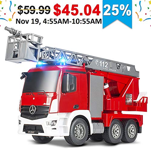 Product Cover DOUBLE E Mercedes-Benz Licensed Remote Control Fire Truck10 Channel RC Fire Engine with Water Pump Sounds Lights Extendable Ladder Rechargeable Battery 2.4GHz Radio Control