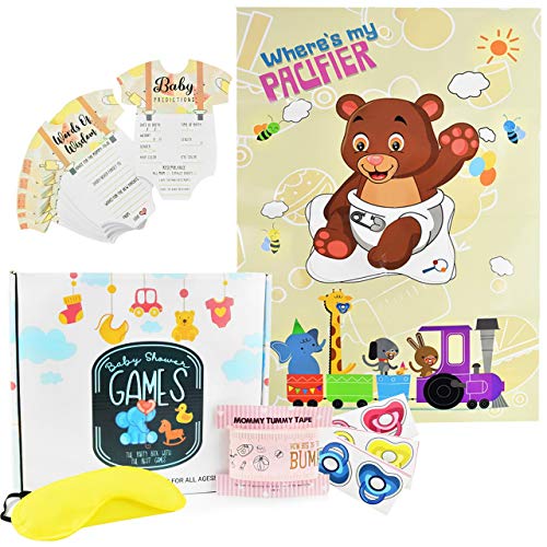 Product Cover Baby Shower Games | Gender Neutral for Girls and Boys | Including 50 Advice & Prediction Cards, Where's my Pacifier Game and New Mom Tummy Tape | Gender Reveal Party Box