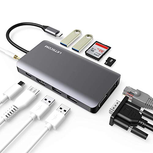 Product Cover LETSCOM USB C Hub, 11 in 1 USB C Adapter with Ethernet, 4K HDMI, 1080P VGA, Power Delivery, 2 USB3.0 & 2 USB2.0, SD & TF Card Reader, Audio Jack for Mac Pro and Other Type C Laptops