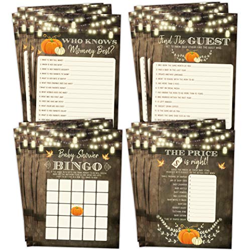 Product Cover Fall Pumpkin Baby Shower Games, Neutral Yellow Bingo, Find The Guest, The Price Is Right, Who Knows Mommy Best, 25 games each