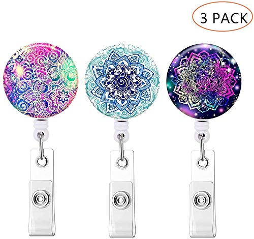 Product Cover Retractable ID Badge Holder ID Badge Reels with Clip Retractable Badge Holder for Office Worker Doctor Nurse (Mandala 3 Pack)