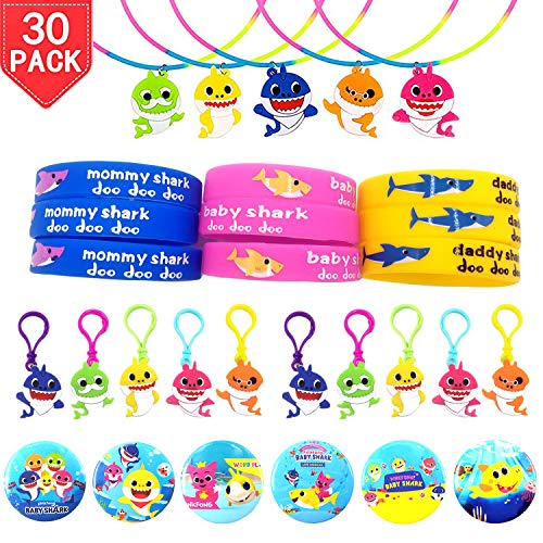 Product Cover Time-killer Baby Shark Party Favors 30 Pack - Rubber Bracelets/Keychains/Necklace/Badge - Shark Themed Birthday Party Supplies for Kids Treat Bags Gift Fillers (Baby Shark-30)