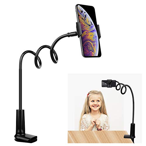 Product Cover FUTESJ Flexible Gooseneck Cell Phone Stand Holder, Adjustable Long Lazy Arm Clip Clamp Phone Mount Compatible for iPhone 6 6s 7 8 X Plus 5 5s 5c Charging, Accessories Desk and Bed-Black