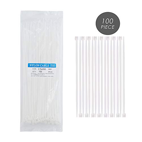 Product Cover 100 Piece Nylon Zip Ties Heavy Duty - 8 Inch Multi-Purpose Self Locking Cable Ties, 50 Pounds Tensile Strength, White