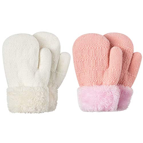 Product Cover Winter Mitten Gloves For Baby Kids Toddler Infant Newborn, Cute Warm Fleece Lined Knit Thick Thermal Gloves For Boys Girls (Pink&White)