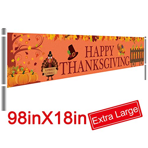 Product Cover Large Happy Thanksgiving Banner, Thanksgiving Decorations, Fall Banner, Thanksgiving Turkey Maple Leaves Pumpkin Banner, Thanksgiving Party Outdoor & Indoor Decor Supplies (8.2 x 1.5 FT)