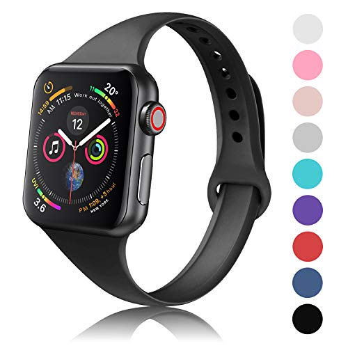Product Cover DYKEISS Sport Slim Silicone Band Compatible with Apple Watch 38mm 42mm 40mm 44mm, Thin Soft Narrow Replacement Strap Wristband Accessory for iWatch Series 1/2/3/4 (Black, 42mm/44mm)