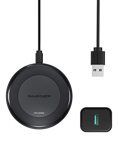 Product Cover Fast Wireless Charger RAVPower 7.5W Compatible iPhone 11/Xs MAX/XR/XS/X/8/8 Plus, with HyperAir, 10W Compatible Galaxy S9, S9+, S8, S7 & Note 8 and All Qi-Enabled Devices (QC 3.0 Adapter Included)