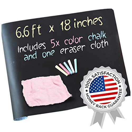 Product Cover XL Self-Adhesive Chalk Board Sticker for Wall - 6.6 Feet x 18 Inches | Chalkboard Contact Paper | Chalkboard Stickers | Includes 5 Pieces of Color Chalk Plus Eraser Cloth | Color: Black