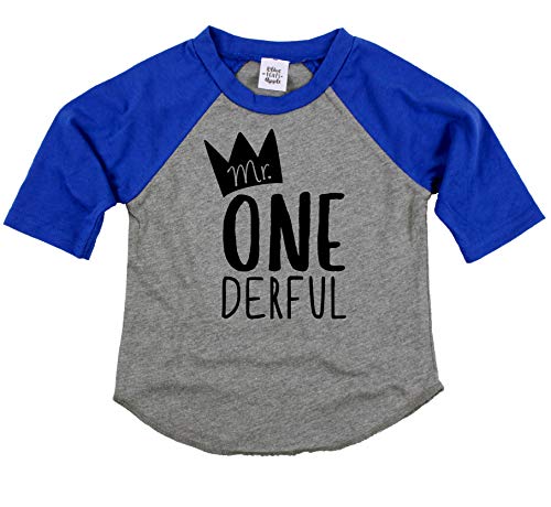 Product Cover Mr. One-Derful Boys First Birthday Shirt for Baby Boys 1st Birthday Outfit Blue Gray 3/4 Sleeve Raglan