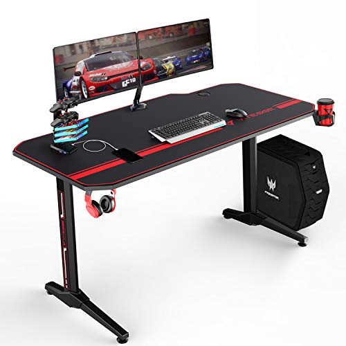 Product Cover VIT 55 Inch Ergonomic Gaming Desk, T-Shaped Office PC Computer Desk with Full Desk Mouse Pad, Gamer Tables Pro with USB Gaming Handle Rack, Stand Cup Holder&Headphone Hook (Black)