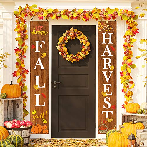 Product Cover Whaline Fall Harvest Hanging Banner, Fall Porch Sign Autumn Pumpkin Maple Leaf Backdrop Flag for Home Yard Indoor Outdoor Wall Door Thanksgiving Party Decorations, 12 x 72 Inch