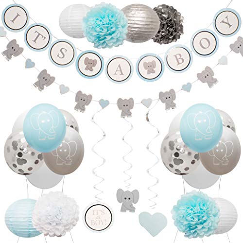 Product Cover Elephant Baby Shower Decorations for Boy by Baby Nest Designs - Blue Baby Shower Backdrop with Balloons, Its a Boy Banner, Paper Hanging Decorations and More Party Decor/Gender Reveal Decorations