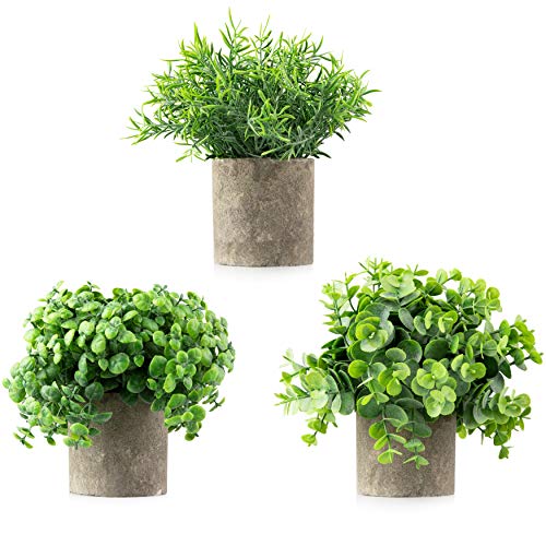 Product Cover Casaluxe Potted Artificial Eucalyptus, Boxwood and Rosemary Plants, Set of 3 - Two-Toned Plastic Faux Greenery in Cement-Colored Paper Pulp Pots - Stylish, Modern Farmhouse Decor, 8 x 9 inches