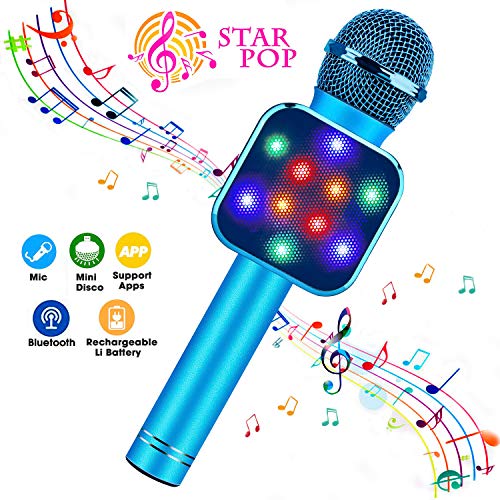 Product Cover BlueFire Wireless Bluetooth Karaoke Microphone 5 in 1 Handheld Karaoke Microphone with LED Lights, Portable Microphone for Kids, Toys for 4-12 Year Old Girls Boys (Blue)