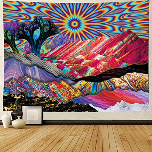 Product Cover Heopapin Psychedelic Tapestry Trippy Mountain Sun Tapestry Abstract Trees Tapestry Colorful Nature Landscape Tapestries Bohemian Hippie Tapestry Wall Hanging for Room