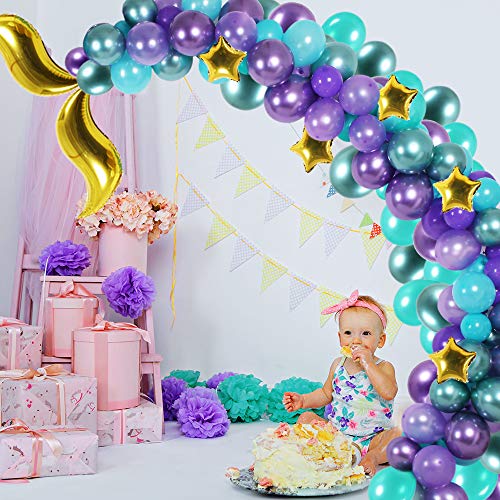 Product Cover Mermaid Party Supplies, 118Pcs Mermaid Tail Balloon Garland, Purple & Green & Gold Star Balloons Arch Tool Set for Mermaid Happy Birthday, Baby Shower, Under The Sea Party Decoration
