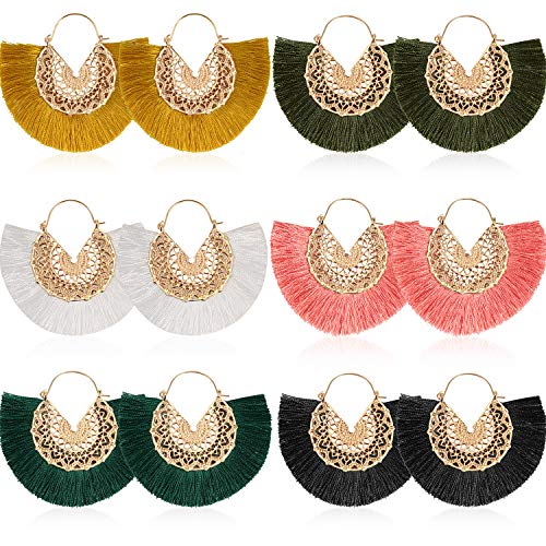 Product Cover 6 Pairs Tassel Dangle Earrings Gold Hoop Fringe Earrings Bohemia Fan-shaped Earrings for Women Girls Party and Daily Wear (Color 3)