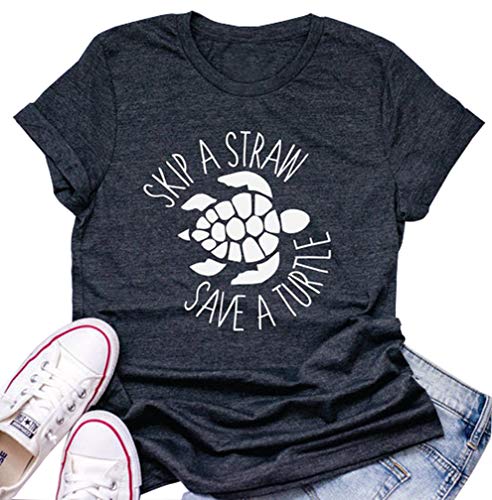 Product Cover Skip A Straw Save A Turtle for Women Graphic Shirt Ocean Environment Awareness Lovers Tops Grey