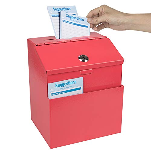 Product Cover Kyodoled Metal Suggestion Box with Lock Wall Mounted Ballot Box Donation Box Key Drop Box with 50 Free Suggestion Cards 8.5H x 5.9W x 7.3L Inch Red