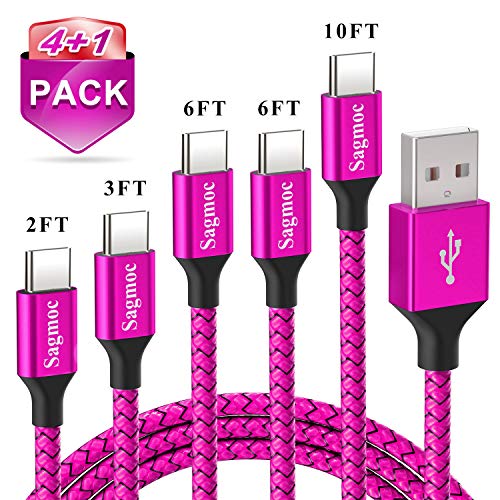 Product Cover for Samsung Galaxy Note Charger Cable - Sagmoc Type C Charging Cord Premium Shiny Nylon Braided【4+1 Pack】10FT 2x6FT 3FT 2FT for S9 S8 Plus, Note 8, LG V30 G6 G5, Google Pixel, Nexus 6P 5X（Fuchsia Red）