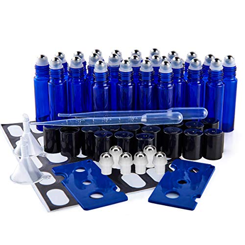 Product Cover SXUDA Glass Roller Bottles UV Protection 24 Pack 10 ml Cobalt Blue Essential Oil Roller Bottles with Stainless Steel Roller Balls (3 Dropper, 6 Extra Roller Balls, 2 Bottle Opener, 30 labels)