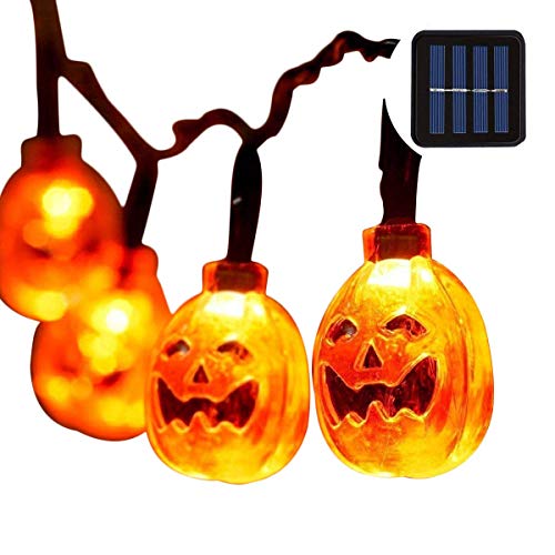 Product Cover Solar Halloween Lights with led Pumpkin Light,Jack o Lantern Light 33ft 50LEDs,Orange Halloween Lights Outdoor for Patio, Garden,Parties (IP65 Waterproof,8 Light Modes Warm White)