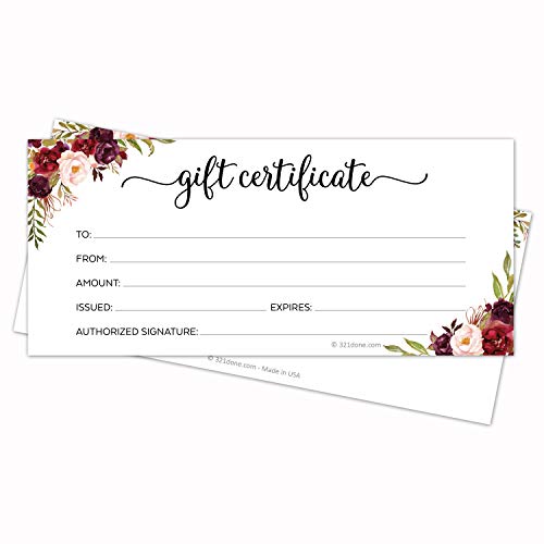 Product Cover 321Done Floral Blank Gift Certificates (Set of 24) 4x9 for Small Business, Holiday, Christmas Voucher, Spa, Salon - Rustic Red Roses White Script - Made in USA