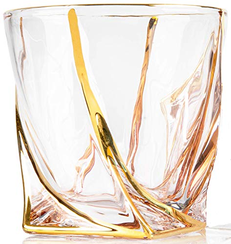 Product Cover Quasify Gold Twisted Whiskey Glass Set of 2 Scotch Glasses, Tumblers for Drinking Bourbon, Cognac, Irish Whisky, Large 10oz Premium Lead-Free Hand Painted Crystal Glass In Luxury Gift Box