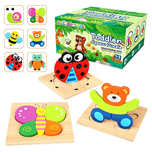 Product Cover Springflower Wooden Jigsaw Puzzles for Toddlers-Including 6 Animal Puzzles & 6 Cognitive Cards, Early Educational Toys for Kids, Boys, and Girls 1 2 3 Years Old