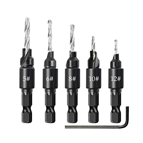 Product Cover Countersink Drill Bit Set, 1/4 inch Hex Shank Countersink Drill Bit, Power Tools Accessories for Plastic, Metal, Woodworking Tool by Power Drill 5Pcs/Set #5, 6, 8, 10, and #12 (Silver)
