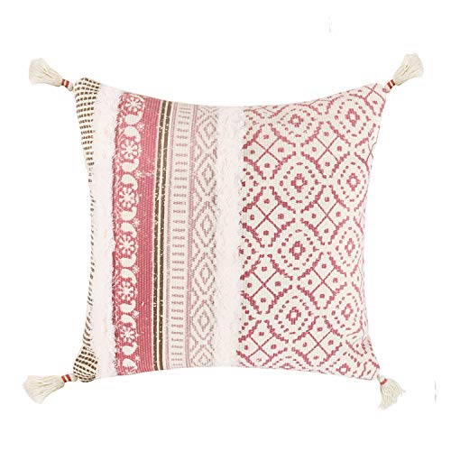 Product Cover Merrycolor Tufted Decorative Throw Pillow Cover for Couch Sofa Woven Boho Tribal Pillow Cases with Tassel Square Cushion Cover Moroccan Style Accent Pillow 18x18 Inches(Pink)