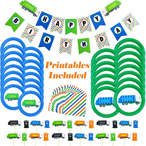 Product Cover Garbage Truck Party Supplies - 73 Pieces - Trash Truck Birthday Party Includes Garbage Truck Plates - Garbage Truck and Recycling Bin Cupcake Toppers - Happy Birthday Banner - Napkins - Bonus Printables