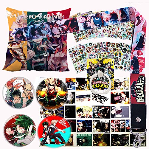 Product Cover My Hero Academia Pillow Cover Stickers Gift Set - 1 MHA Pillow Case, 12 Stickers, 30 Postcards, 4 Button Pins, 1 Lanyard, 1 Phone Ring Holder for Anime MHA Fans