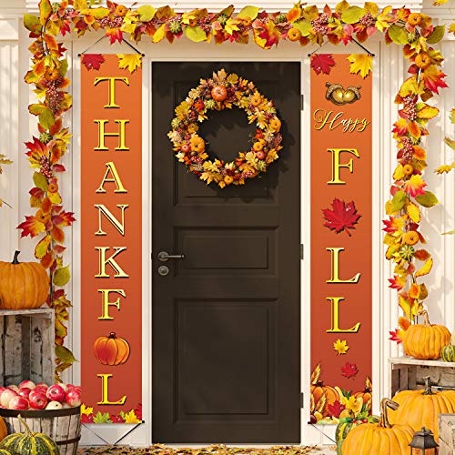 Product Cover Chuangdi Happy Fall Thankful Banner Fall Thanksgiving Porch Sign Autumn Vintage Harvest Welcome Hanging Banner with Pumpkin Maple Leaves Patterns for Indoor and Outdoor Party Decorations