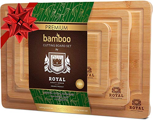 Product Cover Organic Bamboo Cutting Board with Juice Groove (3-Piece Set) - Best Kitchen Chopping Board for Meat (Butcher Block) Cheese and Vegetables | Anti Microbial Heavy Duty Serving Tray w/Handles