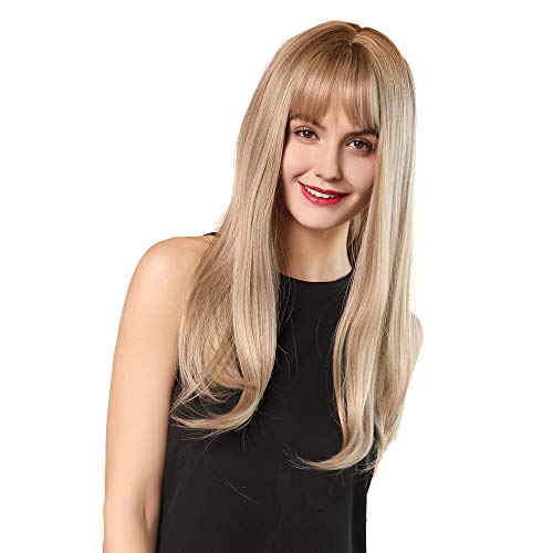 Product Cover 24Inch Charming Wig Light Gold Long Wigs for Women Middle Parting Natural Straight Heat Resistant Synthetic Wigs for White Women with Bangs