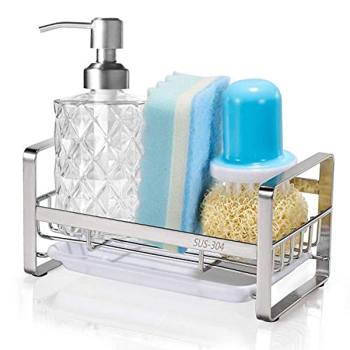 Product Cover HULISEN Sponge Holder, Kitchen Sink Organizer, Sink Caddy, Sink Tray Drainer Rack, Brush Soap Holder with Removable Tray (Silver)