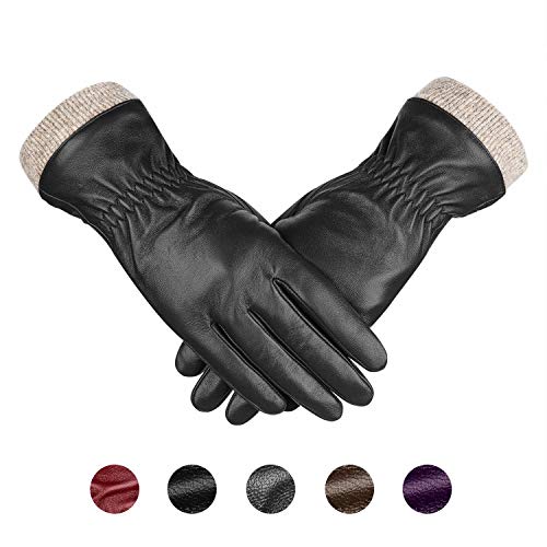 Product Cover Genuine Sheepskin Leather Gloves For Women, Winter Warm Touchscreen Texting Cashmere Lined Driving Motorcycle Dress Gloves By Alepo (Black-L)
