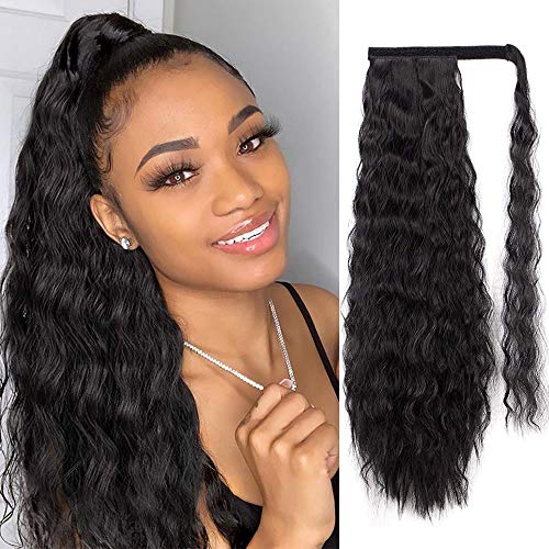 Product Cover AISI QUEENS Long Ponytail Extensions for Black Women Synthetic 22 inch Curly Wrap Around Black Ponytail Corn Wave Ponytail Hairpiece Magic Paste Black Ponytail(color:1B#)